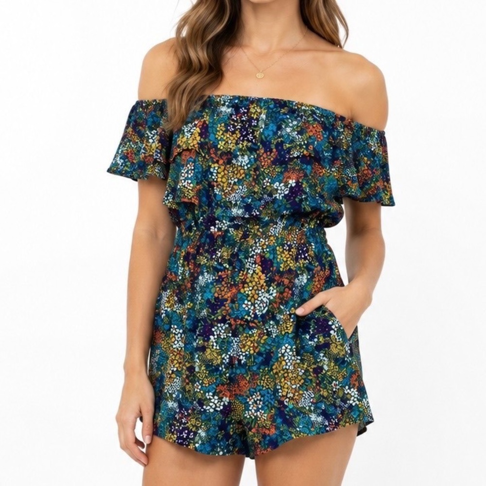 Blu Moon Romper Strapless Colorful Floral Ruffle Women's Size 1